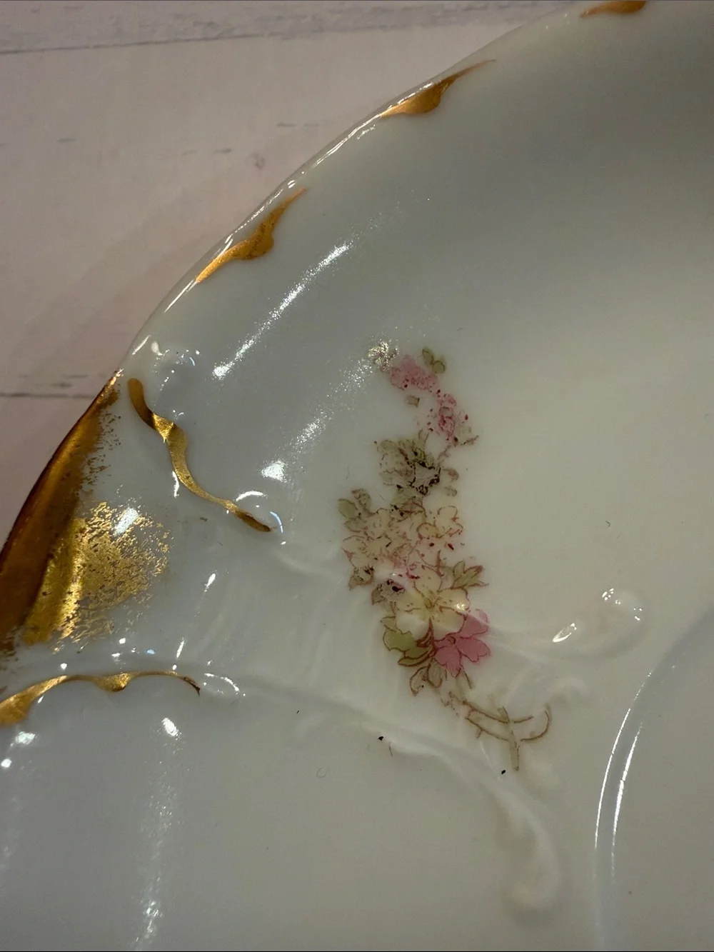 Haviland White Porcelain Saucer Pair with Pink Floral and Gold Accents
